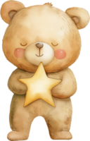 Teddy bear holding a star in its paw watercolor png