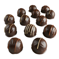 A scattering of delicious chocolate candies in various shapes and colors sits isolated on transparent background png