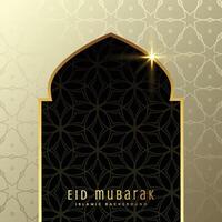 beautiful eid mubarak greeting with mosque door in premium style vector
