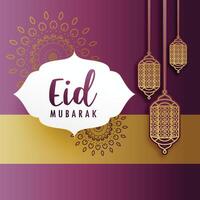 creative eid festival greeting with hanging lamps vector