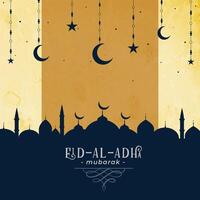 eid al adha greeting with mosque and moon star vector