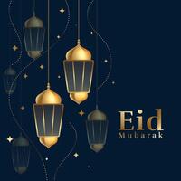 eid mubarak hanging lamps decoration background design vector