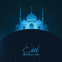 eid mubarak blue glowing mosque background design vector