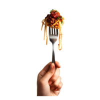 a hand holding a fork taking a bite of food png