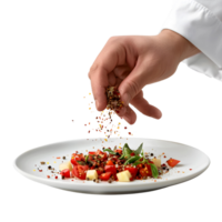 a chef's hand sprinkling seasoning onto a dish png
