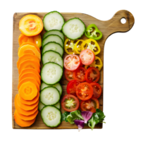 a cutting board with sliced vegetables arranged artistically png