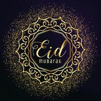 eid mubarak greeting with golden mandala decoration and glitter vector