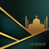 elegante eid festival saludo tarjeta diseño con mezquita siluetas vector