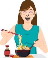 contento mujer comiendo tallarines ilustración png