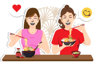 happy women eating noodles illustration png