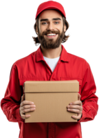 Smiling Courier in Red Uniform Holding a Package png