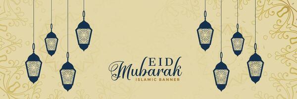 elegant eid mubarak lamps decoration banner vector