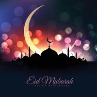 eid al fitar beautiful mosque and moon bokeh greeting vector
