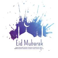 eid mubarak greeting with blue ink splatter and mosque silhouette vector