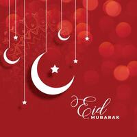 red eid mubarak background with moon and star decoration vector