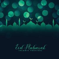 islamic eid mubarak mosque bokeh greeting design vector