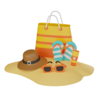 tropisk flykt strand väska, Solskydd, och flip flops - 3d ikon för sommar vibrafon. 3d framställa png