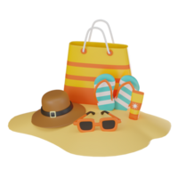 tropisch Flucht Strand Tasche, Sonnencreme, und Flip Flops - - 3d Symbol zum Sommer- Schwingungen. 3d machen png