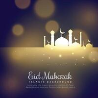 glowing mosque silhouette design eid mubarak greeting vector