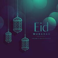 eid mubarak beautiful bokeh background with hanging lamps vector