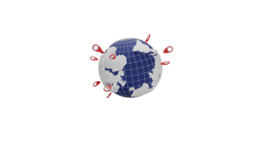 World with map and target pin area in transparent background. 3D rendering. png