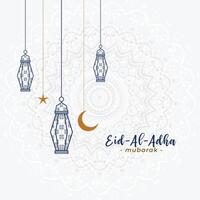 lovely islamic eid al adha greeting with hanging lamps vector