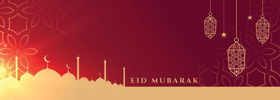 eid mubarak beautiful festival banner with lamps decoration vector