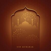 eid Mubarak islámico mezquita portón deseos tarjeta diseño vector