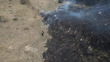 brandend veld. een brandweerman dooft een brand. wildvuur in de bergen. Woud brand. video