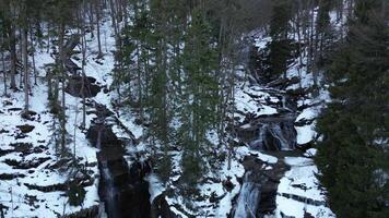 Aussicht von ein Wasserfall während Winter. kalt und Frost im das Wald. Winter Abenteuer und wandern. kozice Wasserfall in der Nähe von fojnica im Bosnien und Herzegowina. video