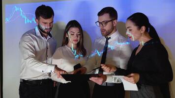 Group of businesspersons or traders meeting in the office with cryptocurrency chart on background. Leadership and teamwork concept. Financial technology. Fintech video