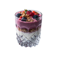 Healthy berry smoothie with granola, yogurt and fresh berries served in a clear single glass on transparent background png