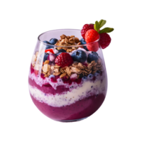 Healthy berry smoothie with granola, yogurt and fresh berries served in a clear single glass on transparent background png