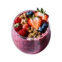 Healthy berry smoothie with granola, yogurt and fresh berries served in a clear single glass on transparent background png