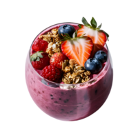 gesund Beere Smoothie mit Granola, Joghurt und frisch Beeren serviert im ein klar Single Glas auf transparent Hintergrund png