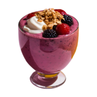 Healthy berry smoothie with granola, yogurt and fresh berries served in a clear single glass on transparent background png