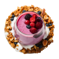 Healthy berry smoothie with granola, yogurt and fresh berries served in a clear single glass on transparent background png