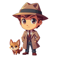 chibi investigatore personaggio con cane piatto design png