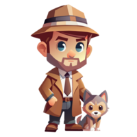 chibi detective personaje con perro plano diseño png