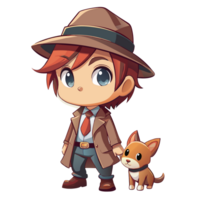 chibi detective personaje con perro plano diseño png