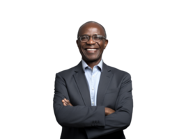 Smiling rich african businessman in a suit and tie with arms crossed transparent background, high quality portrait png