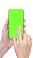 A woman's hand holds a phone chromakey Mockup and the second hand with a finger scrolls. Isolated on white background animation vertical video