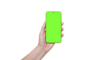 A woman's hand holds a phone chromakey Mockup and presses button finger in the center of the screen. Isolated on white background animation video
