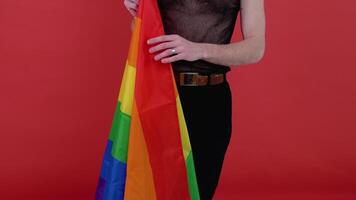 hombre participación arco iris bandera lgbt en rojo antecedentes. gay orgullo concepto. votar para homosexual amor video