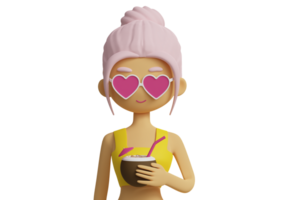 Cartoon cute female character in the heart shaped glasses holding coconut cocktail 3d rendered icon isolated png