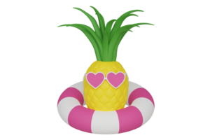 Cute pineapple in the heart shaped glasses swimming on inflatable pink pool ring 3d rendered png