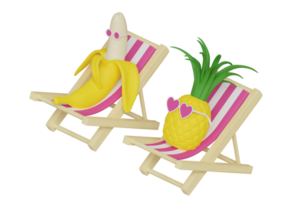 Cartoon cute pineapple in the heart shaped glasses and banana fruits characters in the sunbed at the beach taking sunbath 3d rendered illustration isolated png