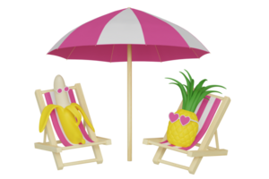 Cartoon cute pineapple in the heart shaped glasses and banana fruits characters in the sunbeds under the beach umbrella taking sunbath 3d rendered illustration isolated png