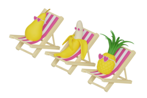 Cartoon cute pineapple in the heart shaped glasses, banana and pear fruits characters in the sunbeds at the beach taking sunbath 3d rendered illustration isolated png