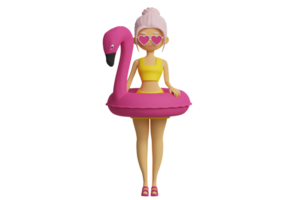 Cartoon cute female character in the heart shaped glasses with inflatable pink flamingo 3d rendered icon isolated png